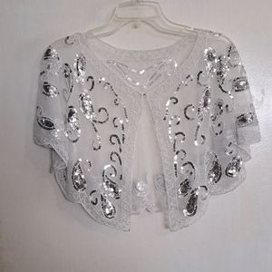 Allegra K Women's 1920s Wrap Sequin Beaded Bridal Cover Up Evening Cape